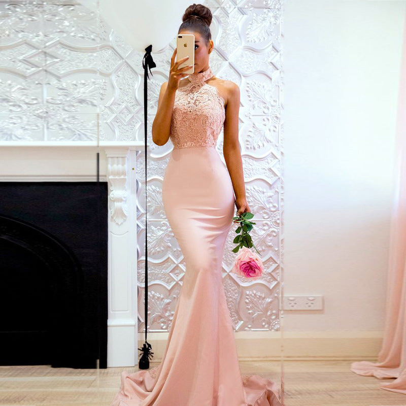 Halter Neck Mermaid Prom Dress - Lace Bodice Evening Gown with Train