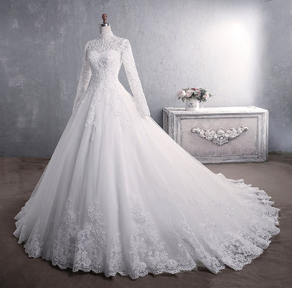 Luxury Lace Ball Gown Wedding Dress - High Neck Long Sleeve Bridal Gown.