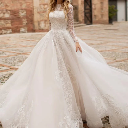 Off-The-Shoulder Lace Ball Gown Wedding Dress - Romantic Sweetheart Bridal Gown.