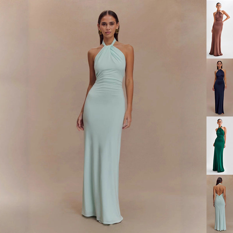 Sexy Backless Halter Slim Fit Waist Slimming Maxi Bridal Party Club Dress