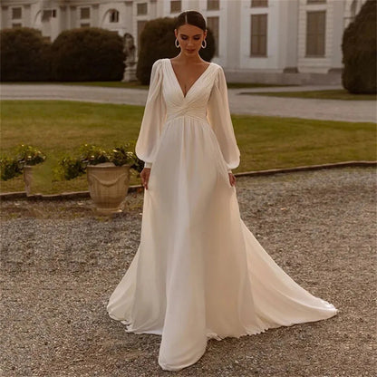 Elegant Long Sleeve Chiffon Wedding Dress - Deep V-Neck A-Line Bridal Gown.