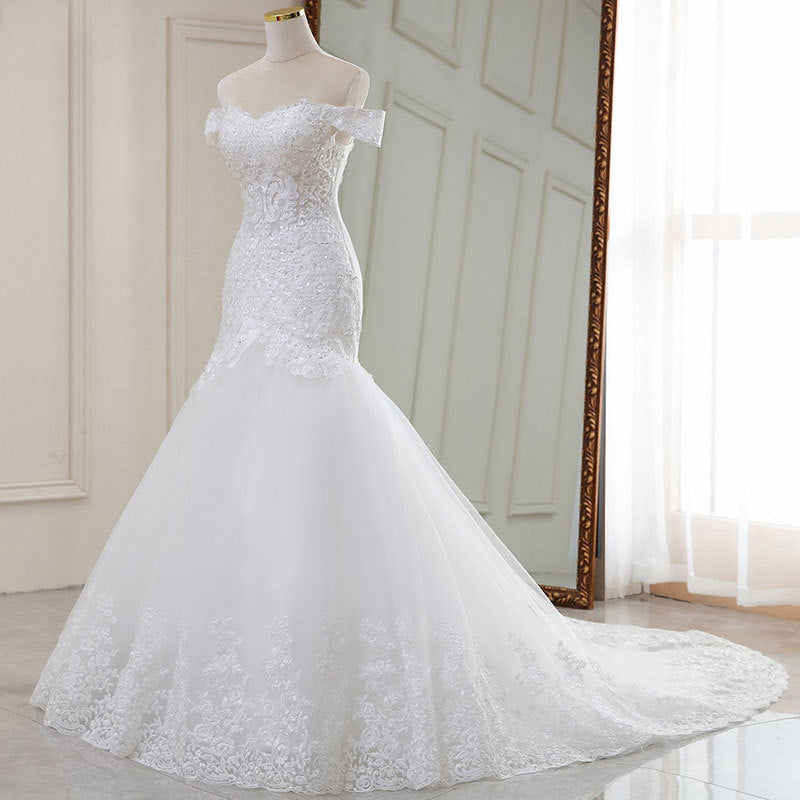 Off-the-Shoulder Lace Mermaid Wedding Dress with Long Train.