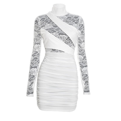 Womens Patchwork Lace Mock Neck Long-Sleeve Dress
