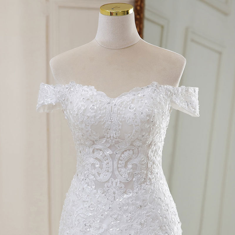 Off-the-Shoulder Lace Mermaid Wedding Dress with Long Train.