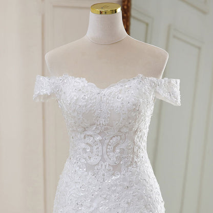 Off-the-Shoulder Lace Mermaid Wedding Dress with Long Train.
