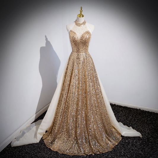 Golden Sequin Glitter Showstopper Evening Dress