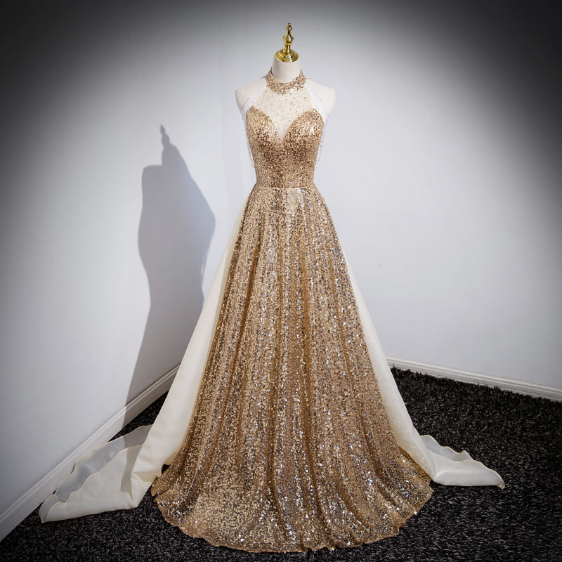 Golden Sequin Glitter Showstopper Evening Dress