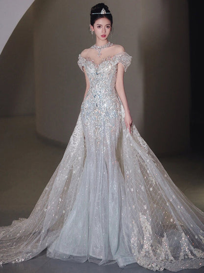 Luxury Glitz Mermaid Wedding Dress with Detachable Cape Train.