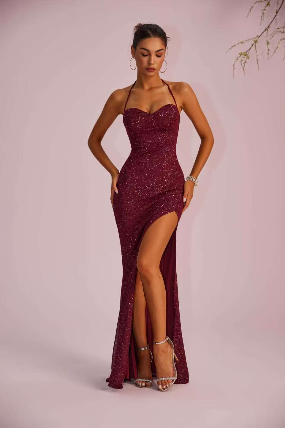 Elegant Formal Solid Color Slim-fit Low-cut Backless Slit Maxi Dress