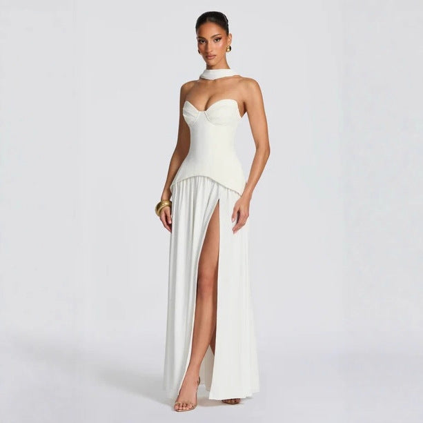 Fishbone-style Mesh Tube Dress With A Cinched Waist And Flowing Ribbons