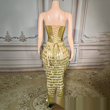 Golden Bright Surface Bandage Design Tight Waist Slimming Mermaid Formal Dress