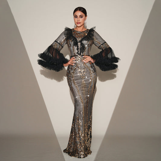 High-end Temperament Round-neck Long Sequined Banquet Fishtail Evening Statement Dress Plus Size Availabke