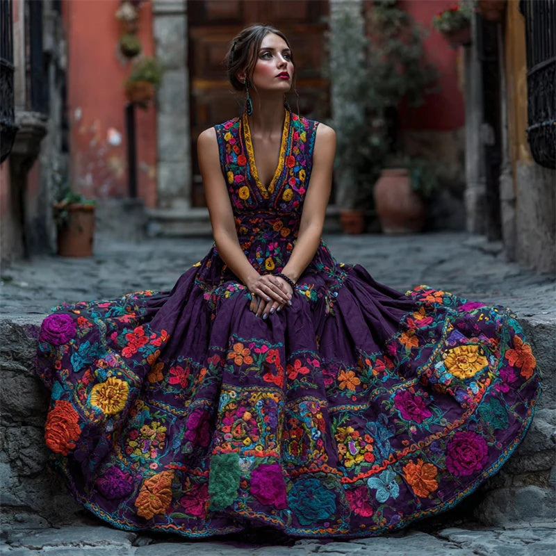 Stylish Womens Digital-Print V-Neck Sleeveless Maxi Dress