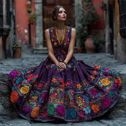 Stylish Womens Digital-Print V-Neck Sleeveless Maxi Dress