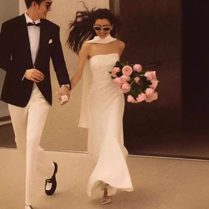 French Style White Simple Tube Top Bridal Light Wedding Dress