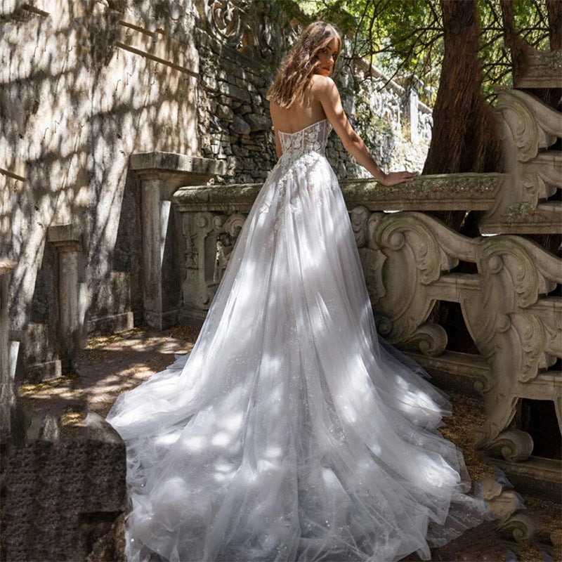 Strapless Lace Wedding Dress with High Slit - Whimsical Tulle Bridal Gown.