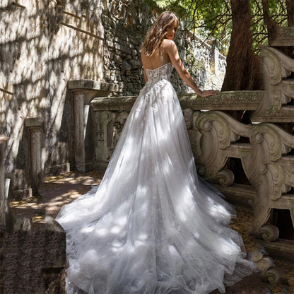 Strapless Lace Wedding Dress with High Slit - Whimsical Tulle Bridal Gown.