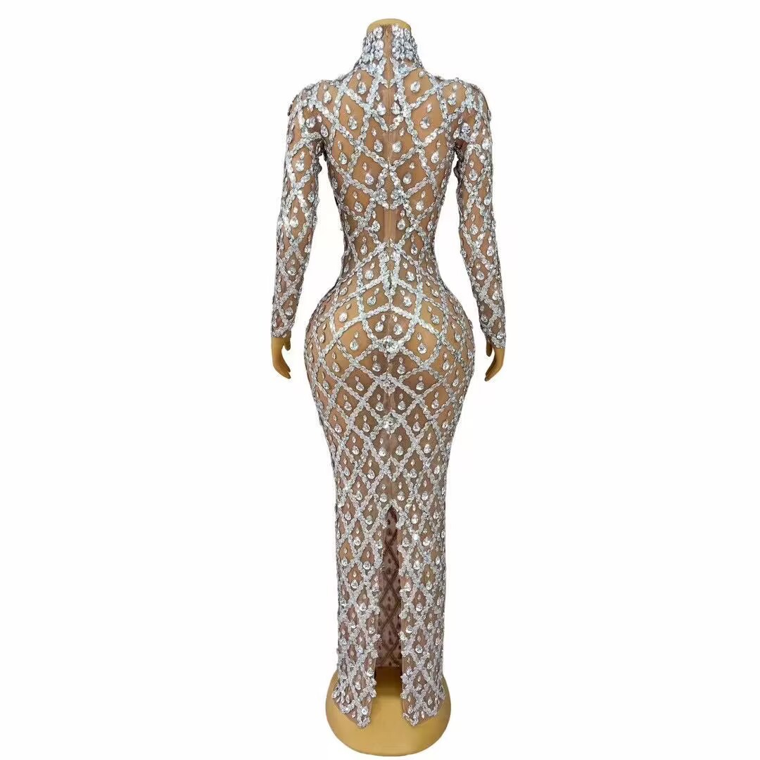 Luxury Beautiful Shining Rhinestone Sexy See-through Mesh Long Dress
