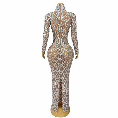 Luxury Beautiful Shining Rhinestone Sexy See-through Mesh Long Dress