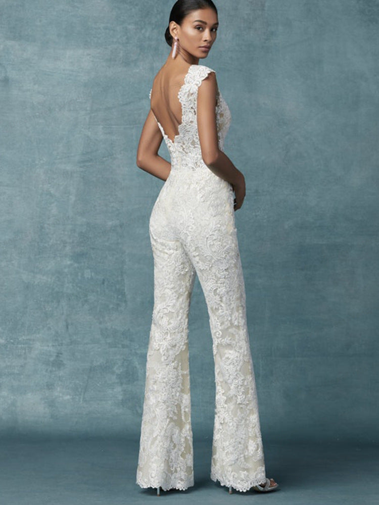 2-in-1 Lace Bridal Jumpsuit with Detachable Tulle Train | Wedding Pantsuit.
