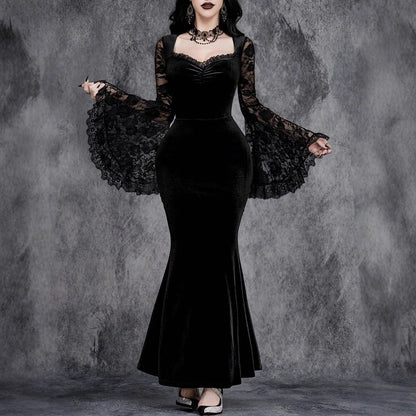 Lace-panelled Cinched-waist Dress With Flared Sleeves