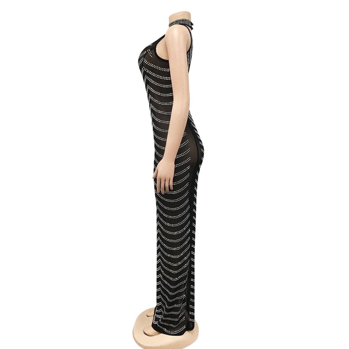 Fashionable Backless Nightclub Party Formal Dress Rhinestone See-through Dress For Women
