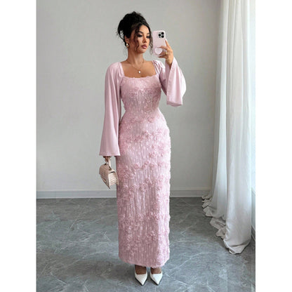 Fashionable And Elegant Floral-decorated Long-sleeve Dress With A Square Neckline And Flared Sleeves