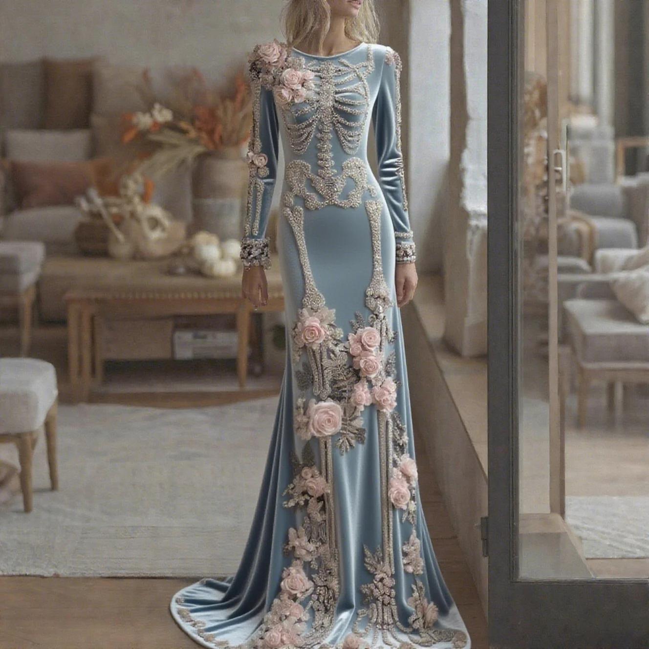 Beautiful Ball Gown Formal Skeleton Bones Halloween Dress