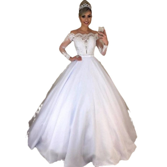 Off-shoulder V-neck Slim Fit Fashion Puffy Trailing Wedding Dress Lace