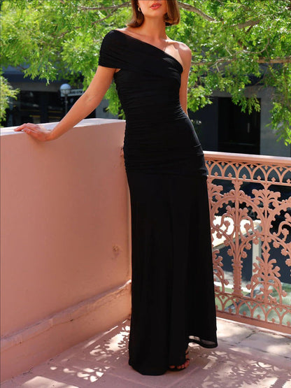 Womens Solid-Color Off-the-Shoulder Halter Backless Dress