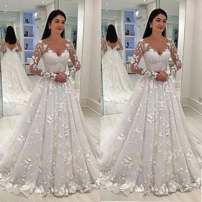 Lace Deep V Long Sleeve Wedding Dress