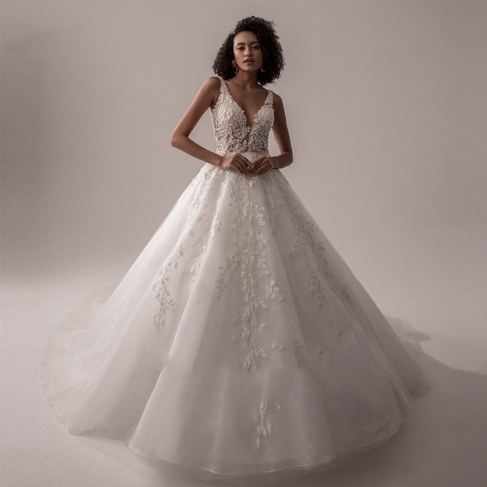 Classic Lace Ball Gown Wedding Dress with Plunging V-Neckline.