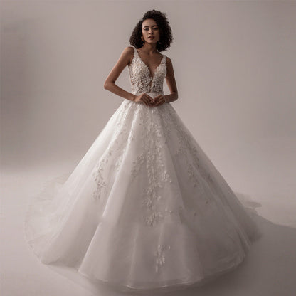 Classic Lace Ball Gown Wedding Dress with Plunging V-Neckline.