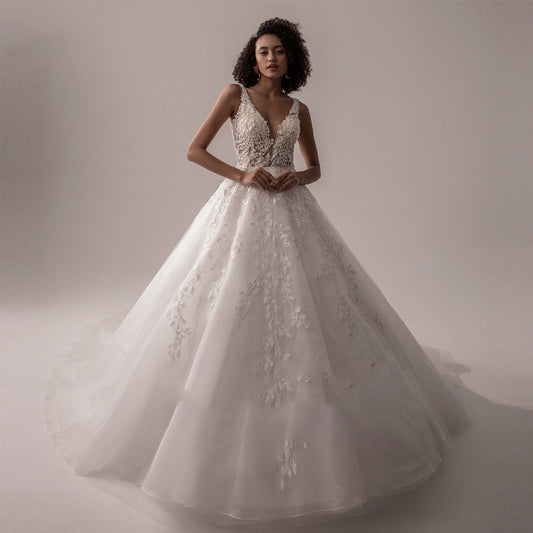 Classic Lace Ball Gown Wedding Dress with Plunging V-Neckline.