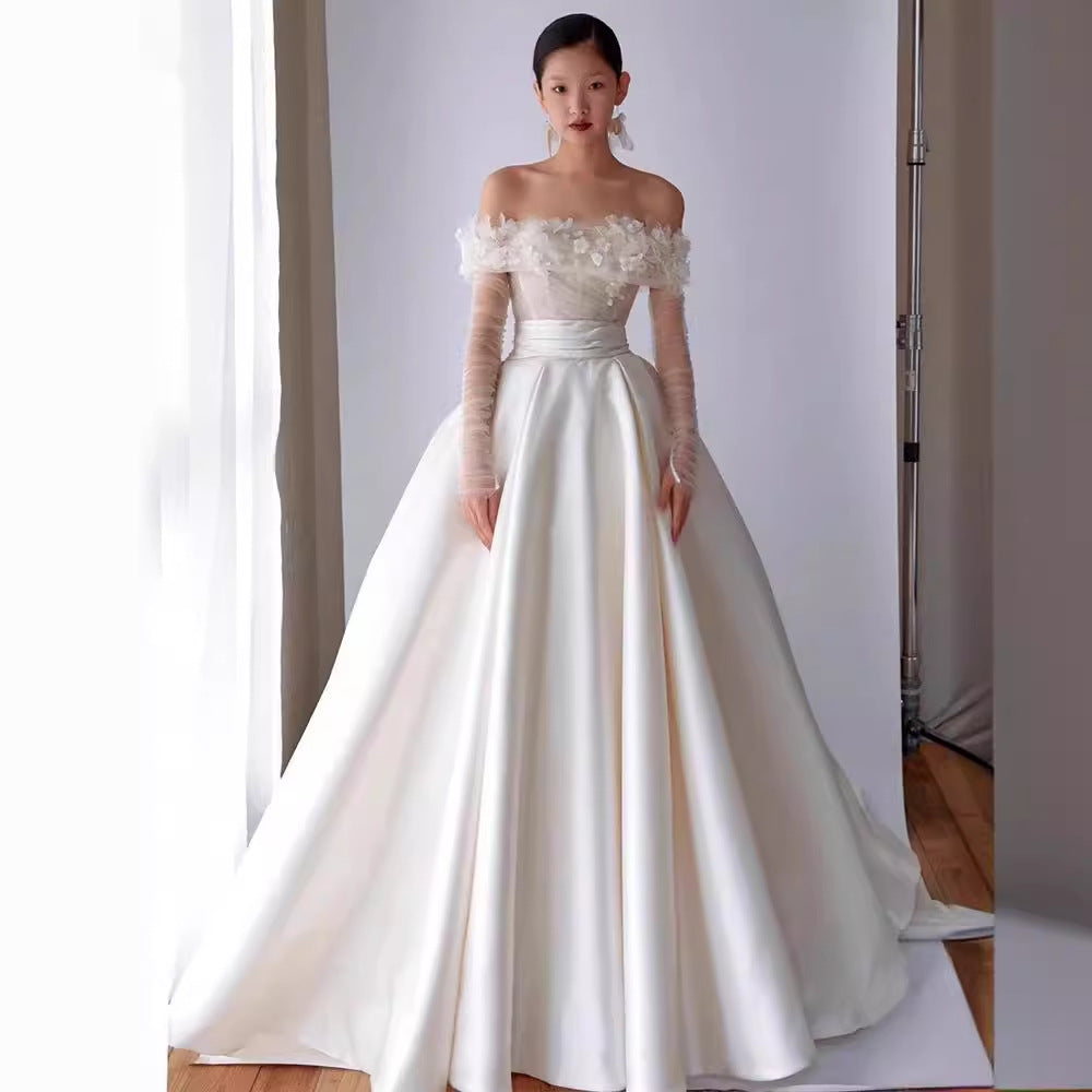 Mori Girl Off-Shoulder Ball Gown Wedding Dress - Ethereal Satin Bridal Gown.