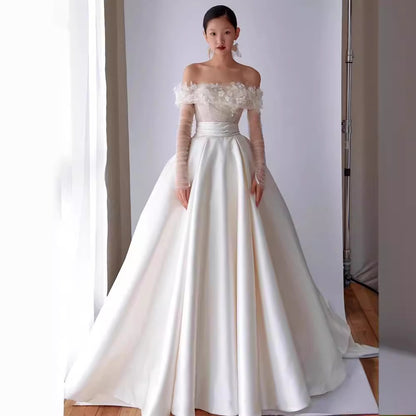 Mori Girl Off-Shoulder Ball Gown Wedding Dress - Ethereal Satin Bridal Gown.