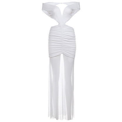 Sexy Chica Mesh Pleated Patchwork V-Neck Backless Dress