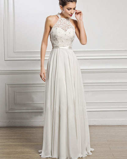 High-Neck Lace Bodice Maxi Dress - White A-Line Formal Evening Gown