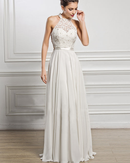 High-Neck Lace Bodice Maxi Dress - White A-Line Formal Evening Gown