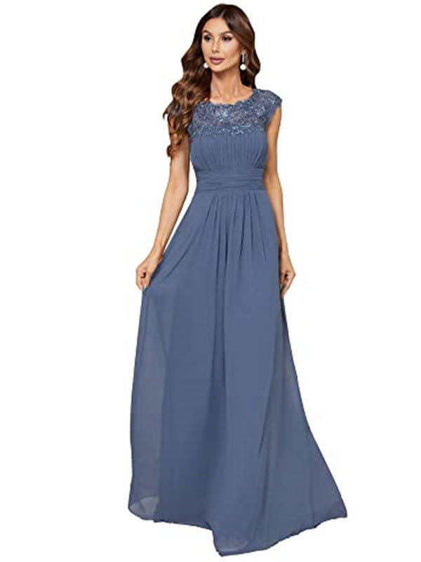 Women's Cover Sleeve Chiffon Pleated bridesmaid Lace Dress