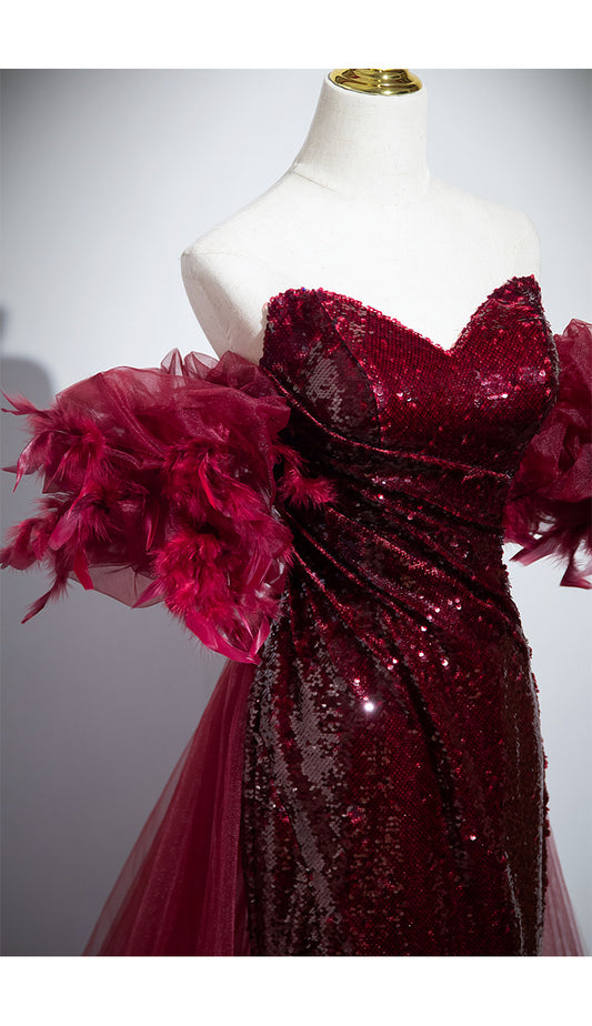 Off-The-Shoulder Sequin Mermaid Dress - Red Formal Evening Gown with Ruffle Sleeves