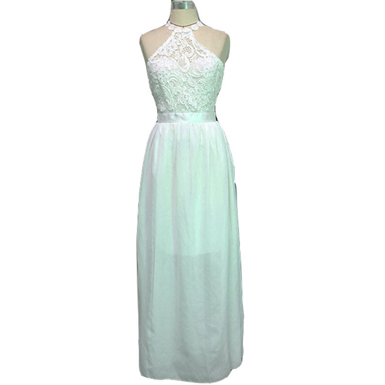 High-Neck Lace Bodice Maxi Dress - White A-Line Formal Evening Gown