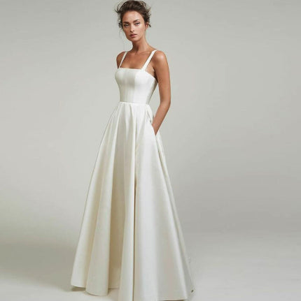 Classic Satin A-Line Wedding Dress - Elegant Square Neck Bridal Gown with Train.