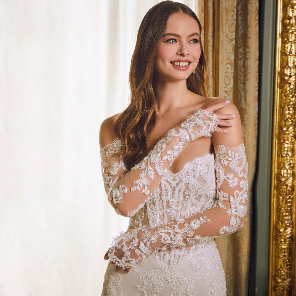 Elegant Off-Shoulder Lace Fishtail Wedding Gown