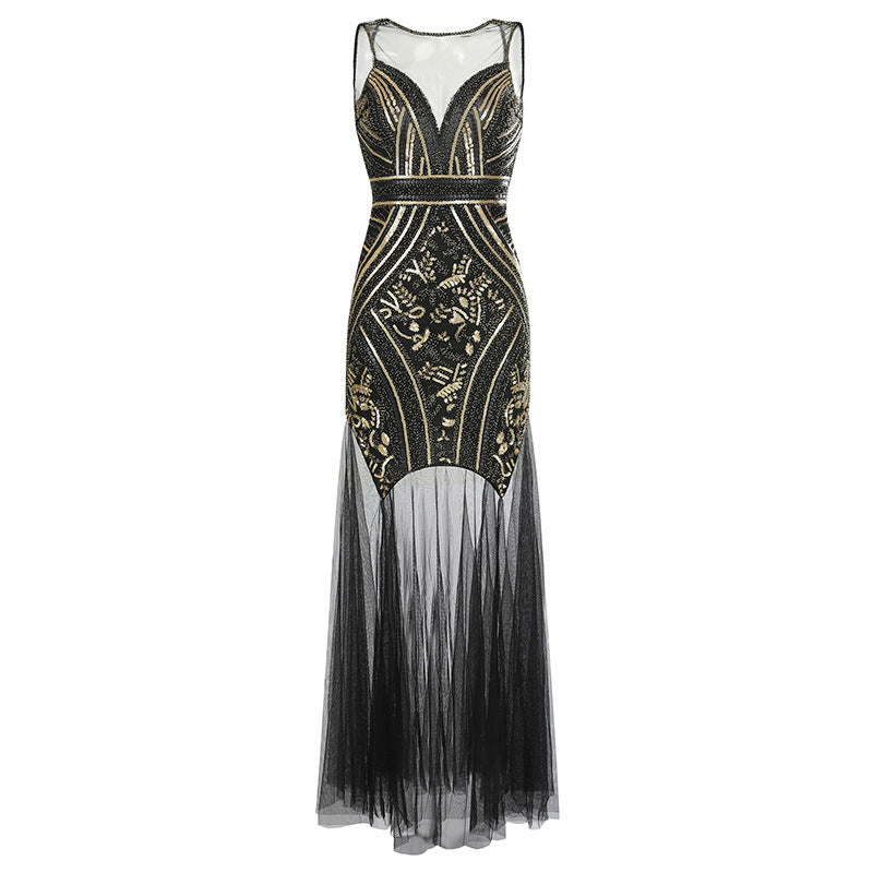 Vintage  Bridesmaid Beaded Mesh Sequin Evening Dress