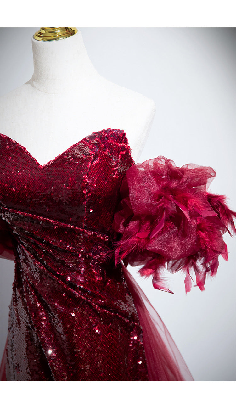 Off-The-Shoulder Sequin Mermaid Dress - Red Formal Evening Gown with Ruffle Sleeves