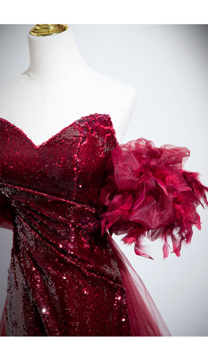 Off-The-Shoulder Sequin Mermaid Dress - Red Formal Evening Gown with Ruffle Sleeves