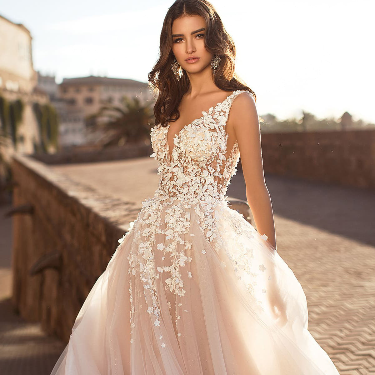 Embroidered Lace A-Line Wedding Dress with Deep V-Neck.