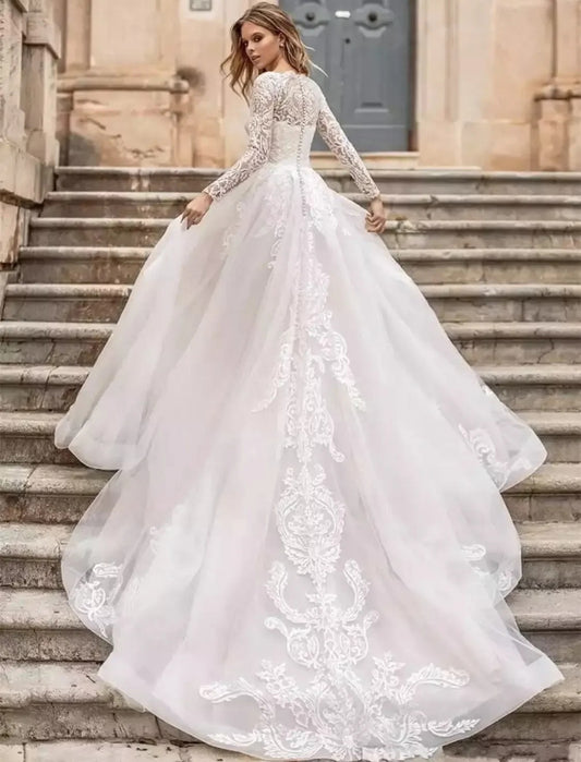 Off-The-Shoulder Lace Ball Gown Wedding Dress - Romantic Sweetheart Bridal Gown.