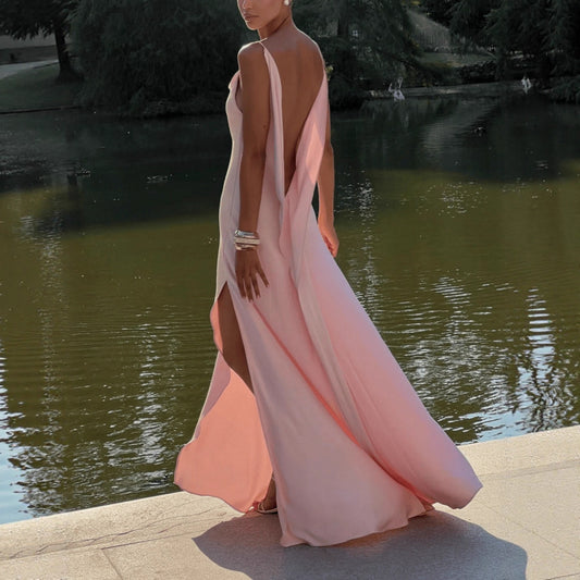Satin Cowl Neck Maxi Dress - Elegant Slip Evening Gown with Slit